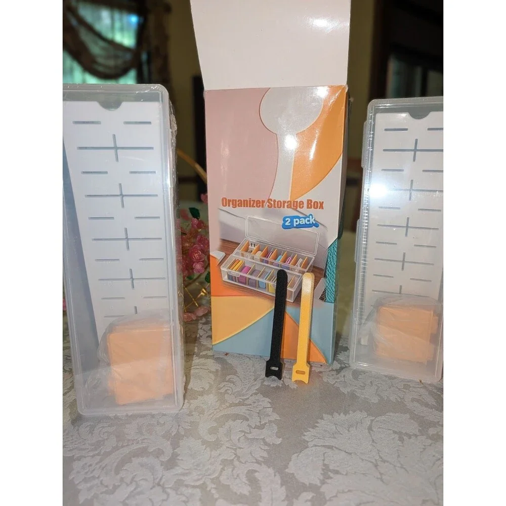 Clear Organizer Storage Box 2-Pack w/adjustable dividers &cable ties